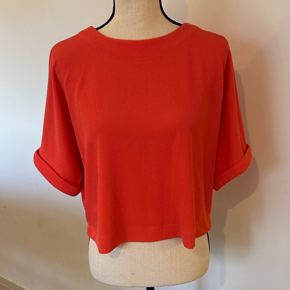 Adrianna Papell Coral Orange Oversized Cap Sleeve Crop Top Ribbed Small Buttons